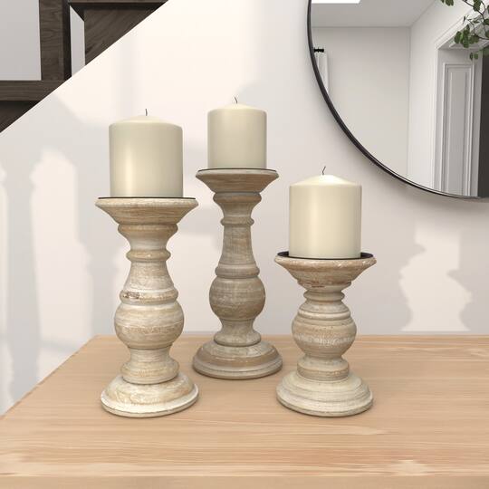Mango Wood Traditional Candle Holder Set
